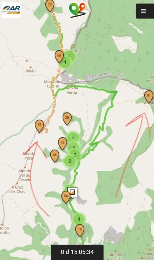 Screenshot of a race tracking map with team positions
