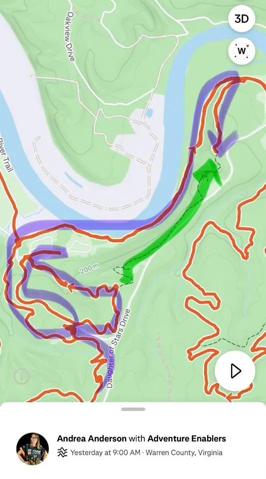 Screenshot of a GPS track on a map shared by Andrea Anderson with Adventure Enablers